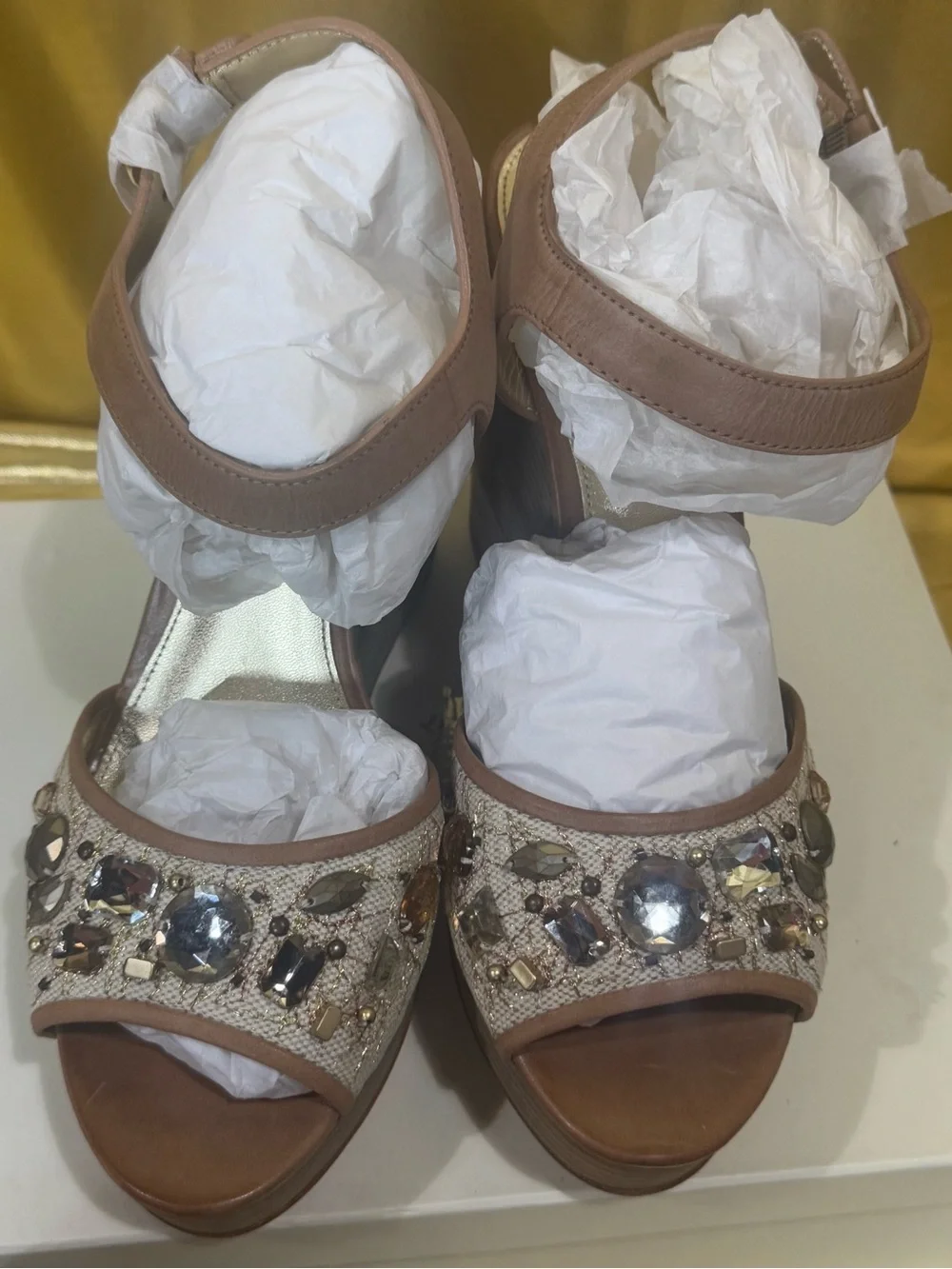 Coach Hanson NIB Jeweled Rhinestone Platform Wedge Sandals Tan Gold Size 10